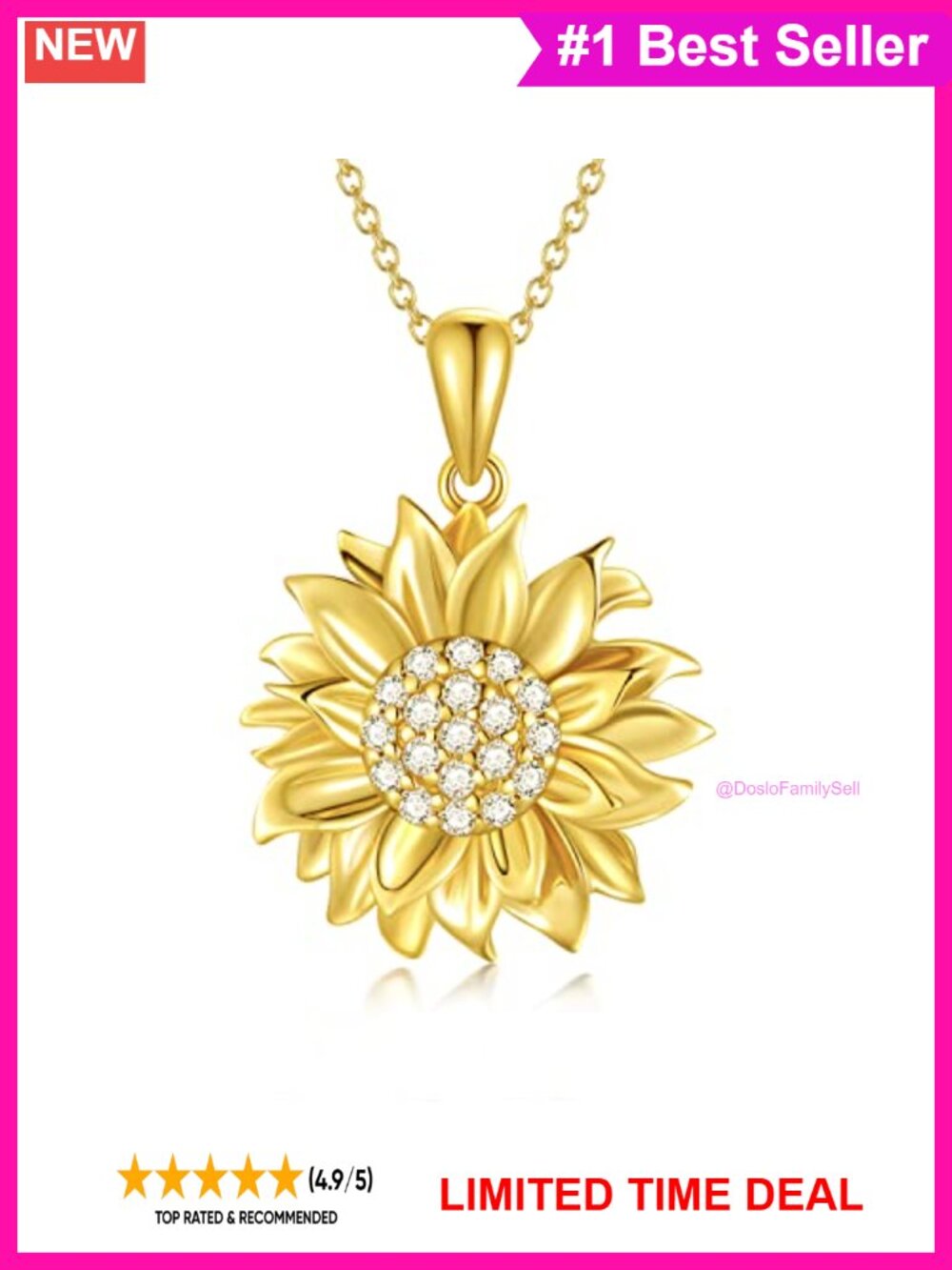 18K Gold Plated Sterling Silver Sunflower Diamond Pendant Necklace
